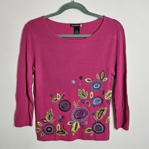 Sweaterworks Knit Top Women's Size M Embroidered Colorful Floral Pink